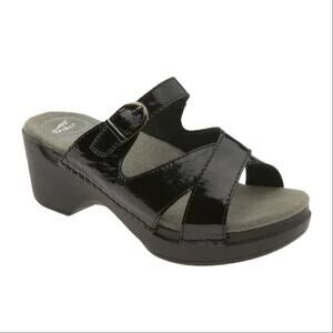 Dansko | Women’s Sela Sandals Open Toe Black Patent Leather Buckle Crisscross 38